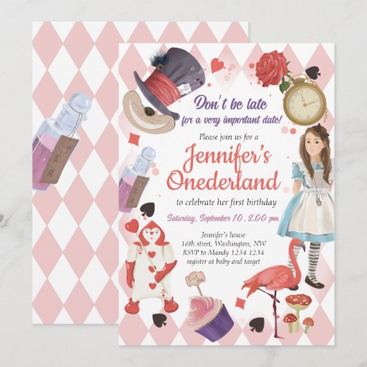Alice in Wonderland Birthday Invitation Kaart (Voorkant / Achterkant)