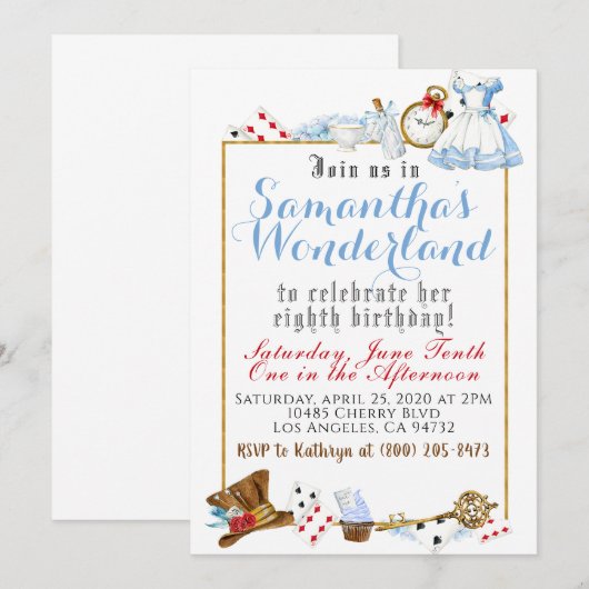 Alice in Wonderland Birthday Invitation Kaart (Voorkant / Achterkant)