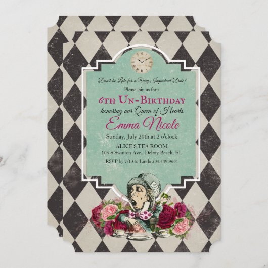 Alice in Wonderland Birthday Invitation Kaart (Voorkant / Achterkant)