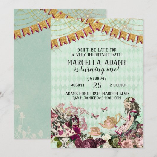 Alice in Wonderland Birthday Invitation Kaart (Voorkant / Achterkant)