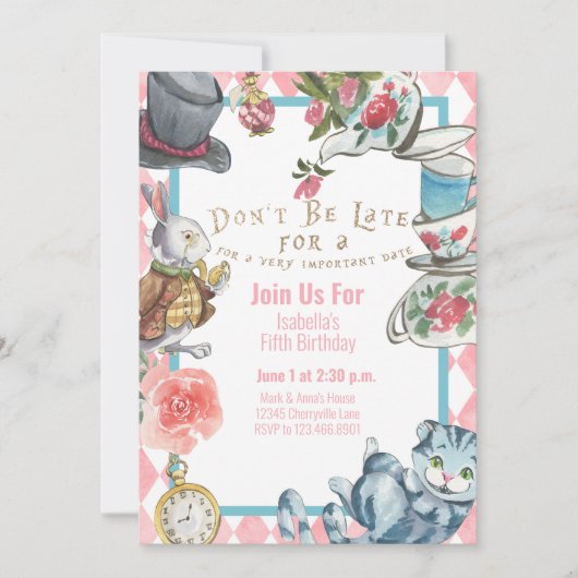 Alice in Wonderland Birthday Invitation Waterverf Kaart (Voorkant)