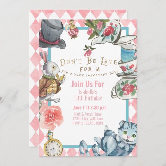 Alice in Wonderland Birthday Invitation Waterverf Kaart (Voorkant / Achterkant)