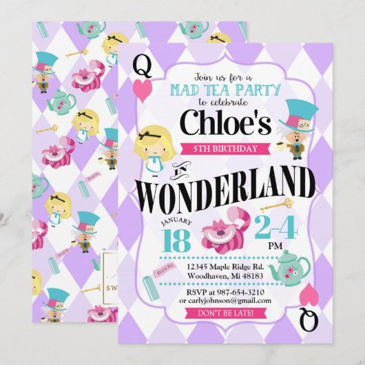 Alice in Wonderland Birthday Invitations Kaart (Voorkant / Achterkant)