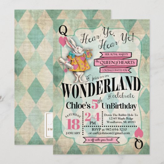 Alice in Wonderland Birthday Invitations Kaart (Voorkant / Achterkant)