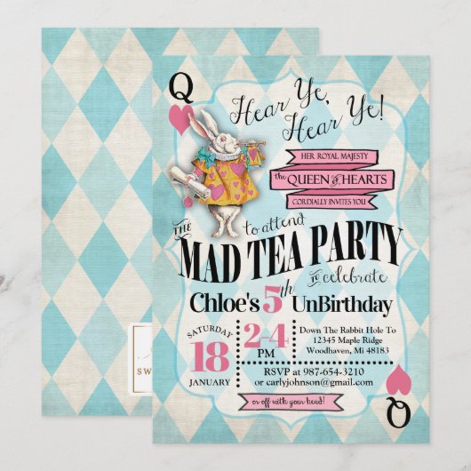 Alice in Wonderland Birthday Invitations Kaart (Voorkant / Achterkant)