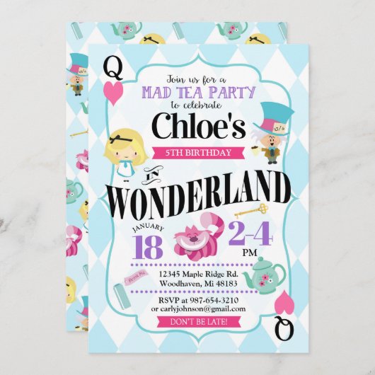 Alice in Wonderland Birthday Invitations Kaart (Voorkant / Achterkant)