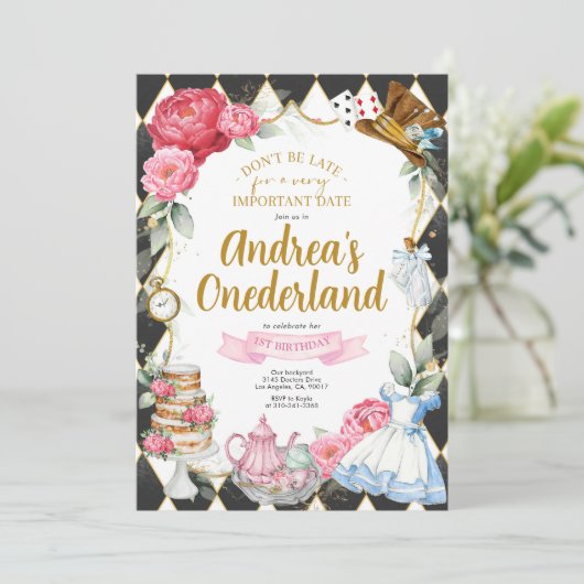 Alice in Wonderland Birthday Party Invitation Kaart (Staand voorkant)