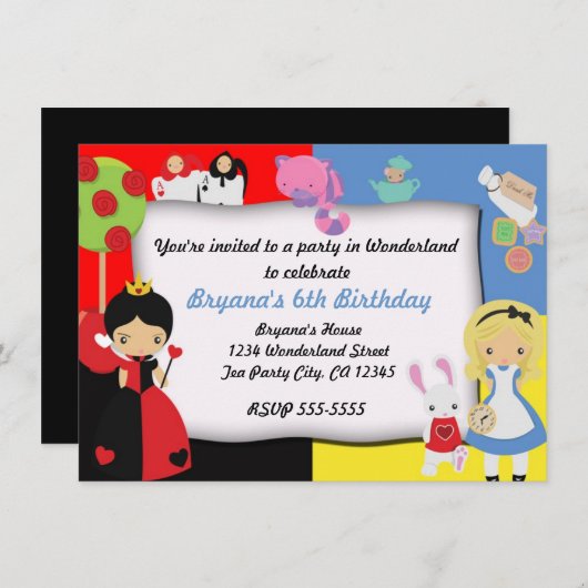 Alice in Wonderland Birthday Party Invitation Kaart (Voorkant / Achterkant)