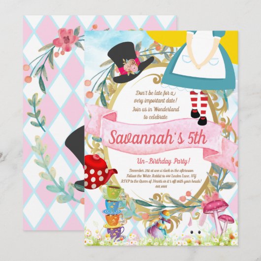 Alice in Wonderland Birthday Party Invitation Kaart (Voorkant / Achterkant)