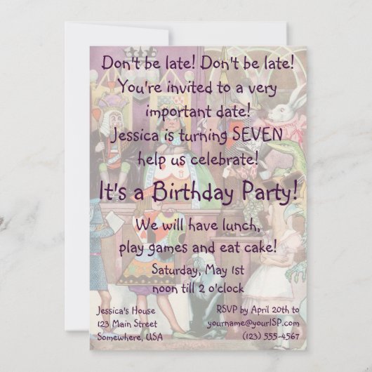 Alice in Wonderland Birthday Party Invitation Kaart (Achterkant)