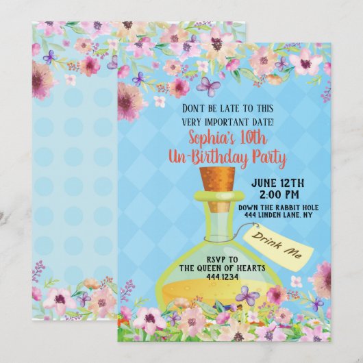 Alice in Wonderland Birthday Party Invitation Kaart (Voorkant / Achterkant)
