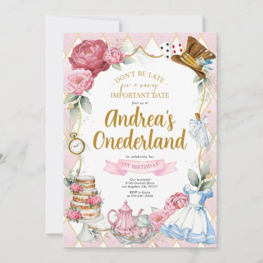 Alice in Wonderland Birthday Party Invitation Kaart (Voorkant)