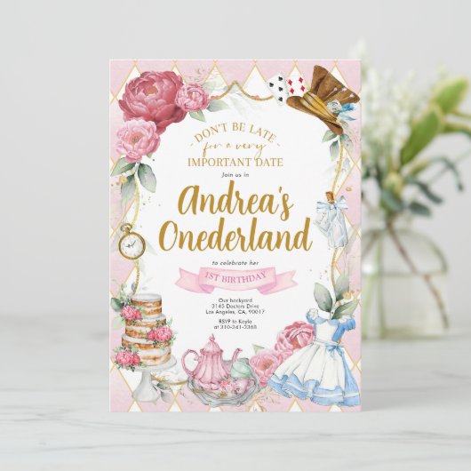 Alice in Wonderland Birthday Party Invitation Kaart (Staand voorkant)