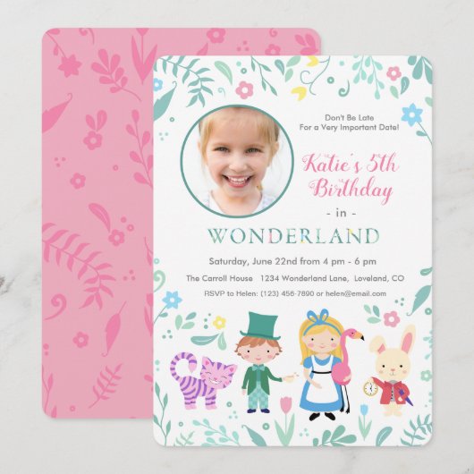 Alice in Wonderland Birthday Party Kaart (Voorkant / Achterkant)