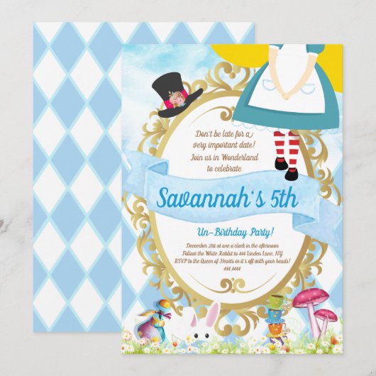 Alice in Wonderland Birthday Party Kaart (Voorkant / Achterkant)