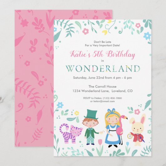 Alice in Wonderland Birthday Party Kaart (Voorkant / Achterkant)