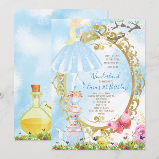 Alice in Wonderland Birthday Party Kaart (Voorkant / Achterkant)