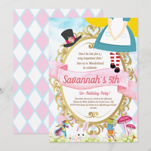 Alice in Wonderland Birthday Party Kaart (Voorkant / Achterkant)