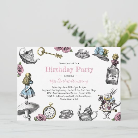 Alice in Wonderland Birthday Party Polka Dots Kaart (Staand voorkant)