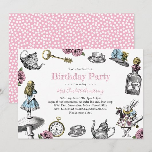 Alice in Wonderland Birthday Party Polka Dots Kaart (Voorkant / Achterkant)