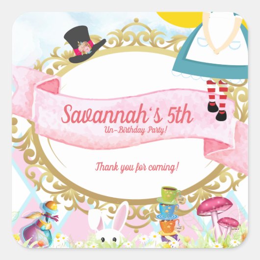 Alice in Wonderland Birthday Party Vierkante Sticker (Voorkant)