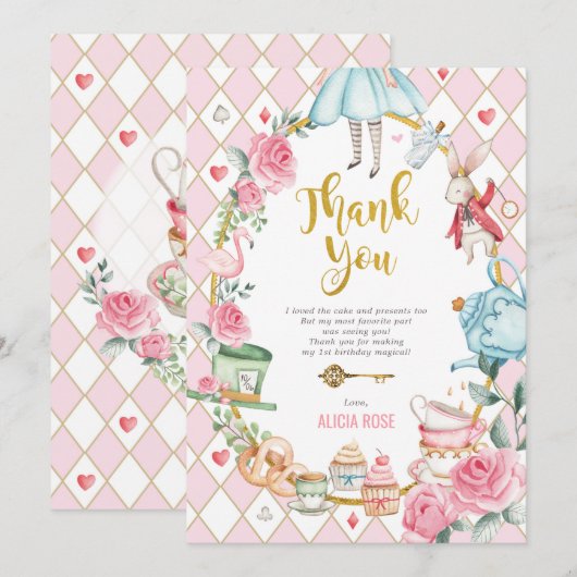 Alice in Wonderland Birthday Tea Hartelijk dank Kaart (Voorkant / Achterkant)