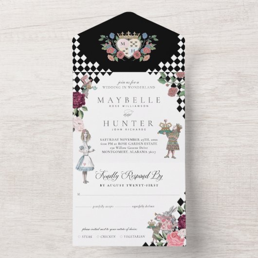 Alice in Wonderland Black Checkerboard All In One Uitnodiging (Binnen)