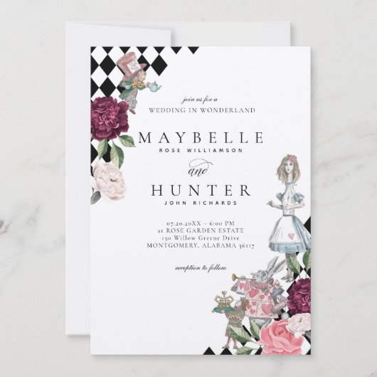 Alice in Wonderland Black Checkerboard Wedding Kaart (Voorkant)
