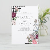 Alice in Wonderland Black Checkerboard Wedding Kaart (Staand voorkant)