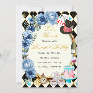 Alice In Wonderland Blauwe Bloemige Brunch Uitnodi Kaart