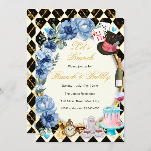 Alice in Wonderland Blauwe Bloemrijke Brunch Uitno Kaart (Voorkant / Achterkant)