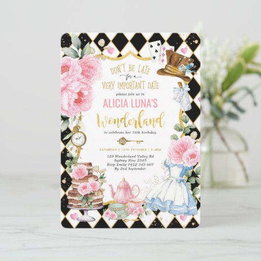 Alice in Wonderland Bloemen Verjaardag Mad Tea Par Kaart (Staand voorkant)