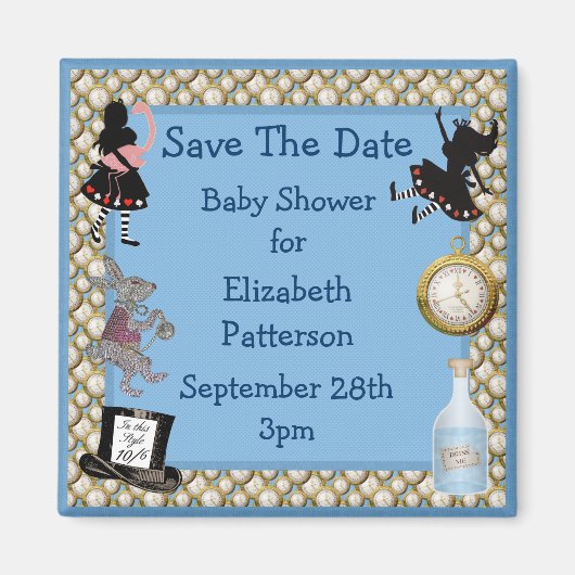 Alice in Wonderland Blue Save The Date Baby shower Magneet (Voorkant)