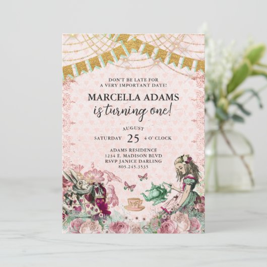 Alice in Wonderland Blush en Mint Birthday Kaart (Staand voorkant)