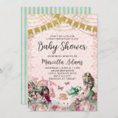 Alice in Wonderland Blush & Mint Baby shower Kaart (Voorkant / Achterkant)