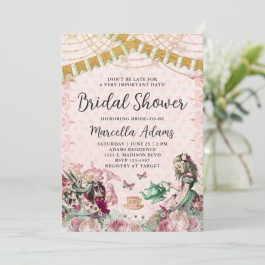 Alice in Wonderland Blush & Mint Vrijgezellenfeest Kaart (Staand voorkant)