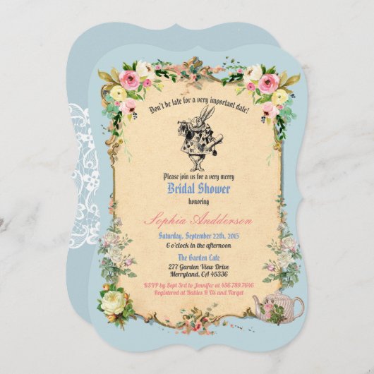 Alice in Wonderland bruidsdouche uitnodiging blauw (Voorkant / Achterkant)