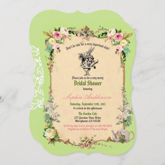 Alice in Wonderland bruidsdouche uitnodiging groen (Voorkant / Achterkant)