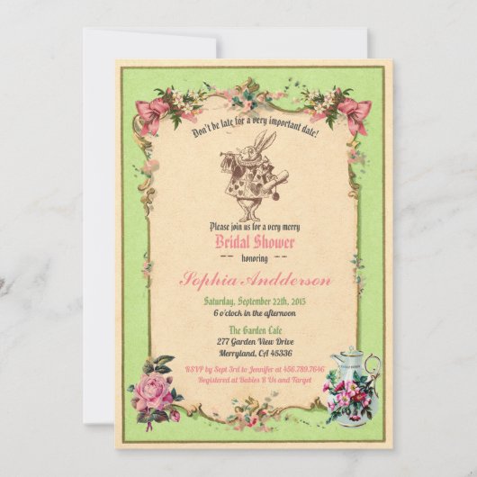 Alice in Wonderland bruidsdouche uitnodiging groen (Voorkant)