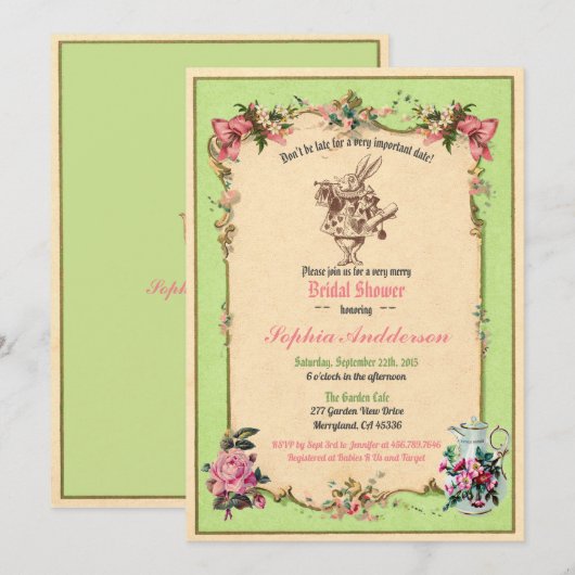 Alice in Wonderland bruidsdouche uitnodiging groen (Voorkant / Achterkant)