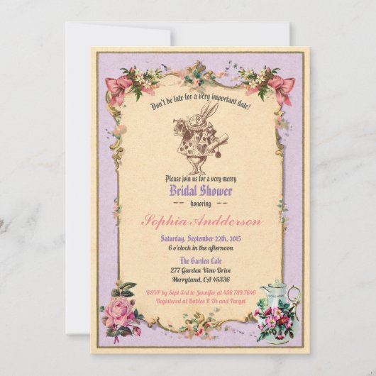 Alice in Wonderland bruidsdouche uitnodiging lila (Voorkant)