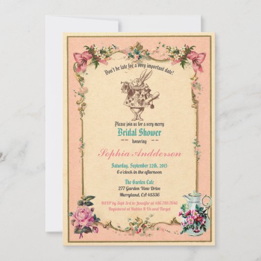 Alice in Wonderland bruidsdouche uitnodiging roze (Voorkant)