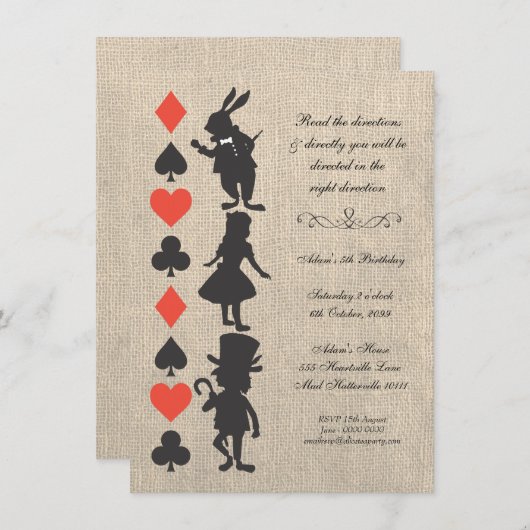 Alice in Wonderland Burlap Tea Party Birthday Kaart (Voorkant / Achterkant)
