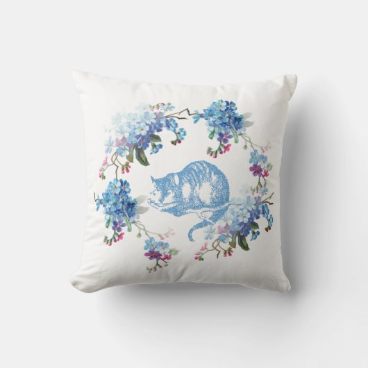 Alice in Wonderland Cheshire Cat Blue Floral Kussen (Voorkant)