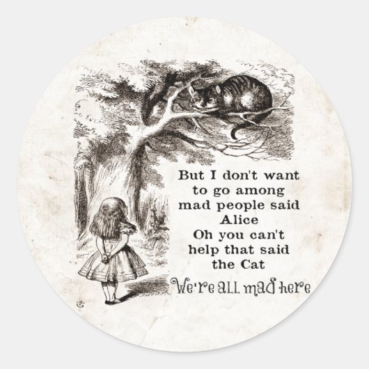 Alice in Wonderland; Cheshire Cat met Alice Ronde Sticker (Voorkant)