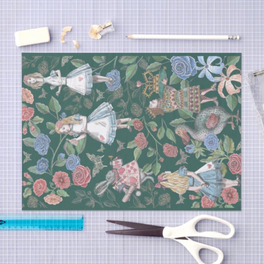 Alice in Wonderland Collage Decoupage Green Tissuepapier (Craft)