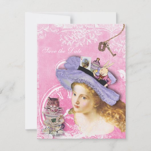 Alice in Wonderland Collage Save the Date Wedding Kaart (Voorkant)