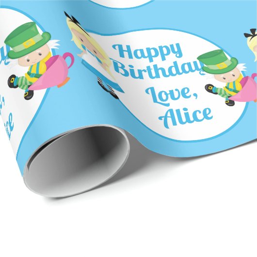 Alice in Wonderland Custom Birthday Party Blue Cadeaupapier (Rol Hoek)