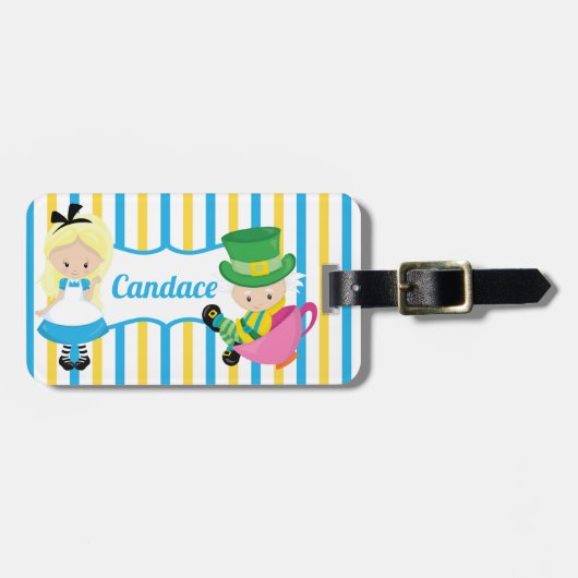 Alice in Wonderland Cute Kinder Monogram Blue Yell Bagagelabel (Voorkant horizontaal)