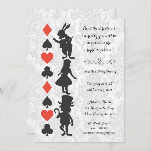 Alice in Wonderland Damask Baby shower Invite Kaart (Voorkant / Achterkant)